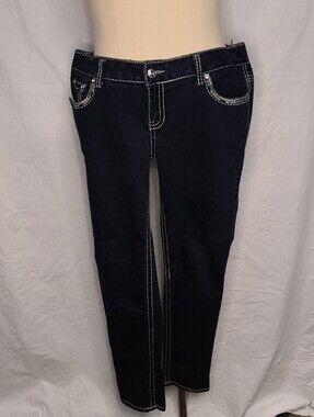 Amethyst Jeans Straight-Leg Women’s Jeans in Dark Blue with White Stitch